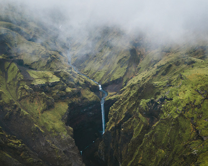 Waterfall in the Highlands of Iceland edited with aerial landscape Lightroom presets