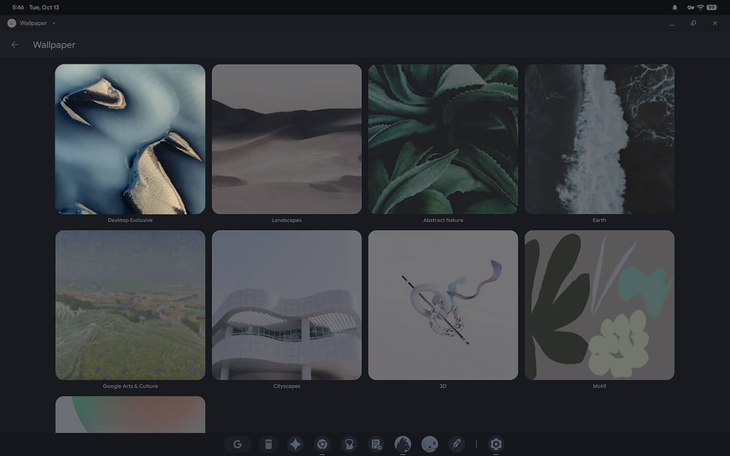 Googlebook wallpaper selection interface in dark mode.