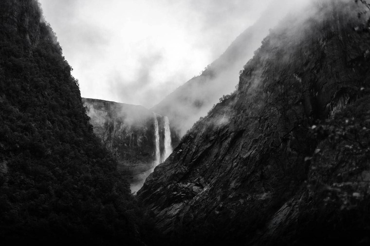 Landscape with Waterfall in Dramatic Black and White