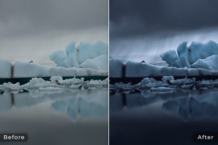 Dark and dramatic icebergs in glacier lagoon in Iceland