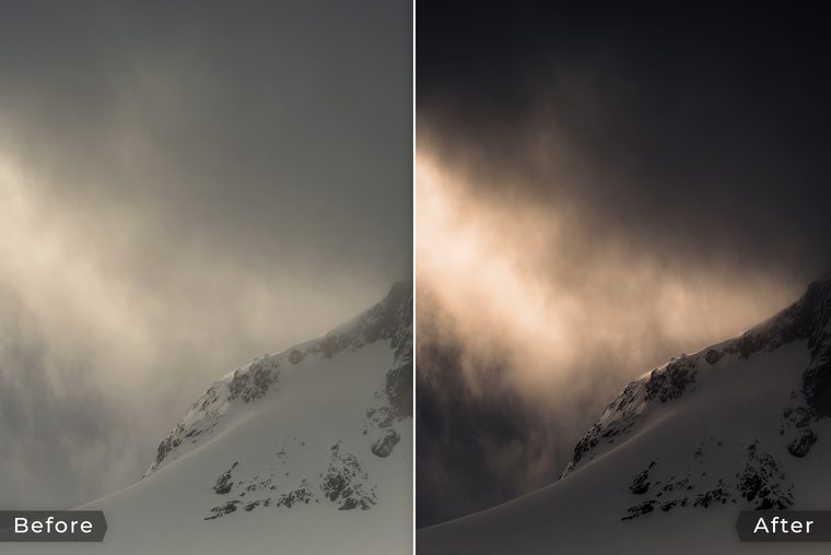 Dramatic light over snowy mountains in Norway