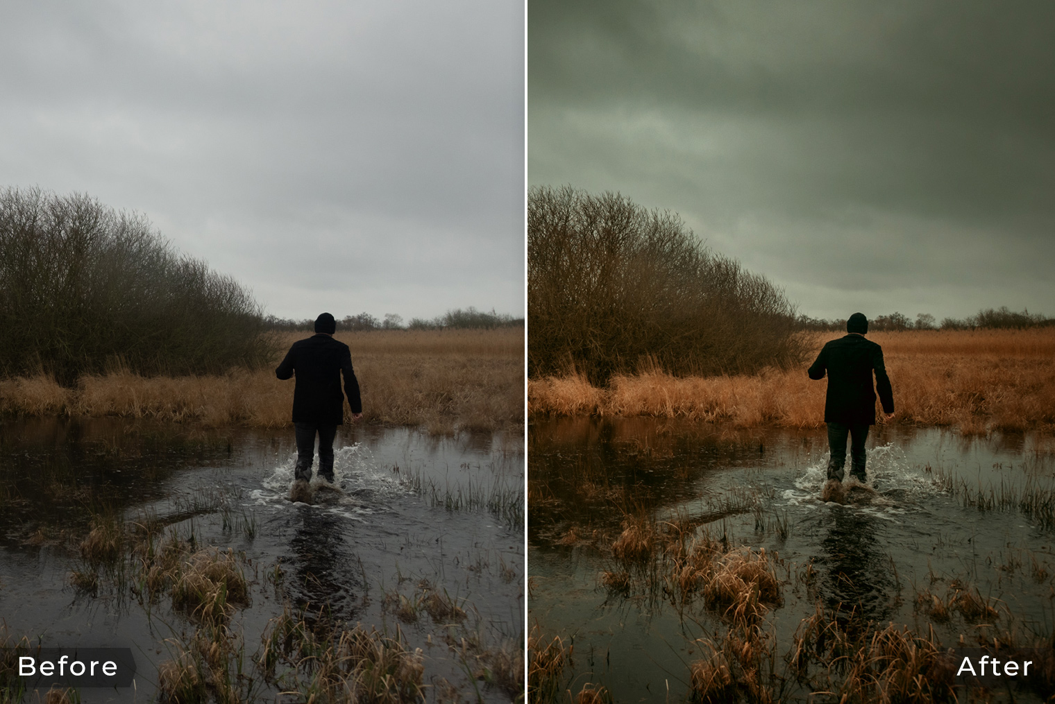 Before & After - Man running through Swamp