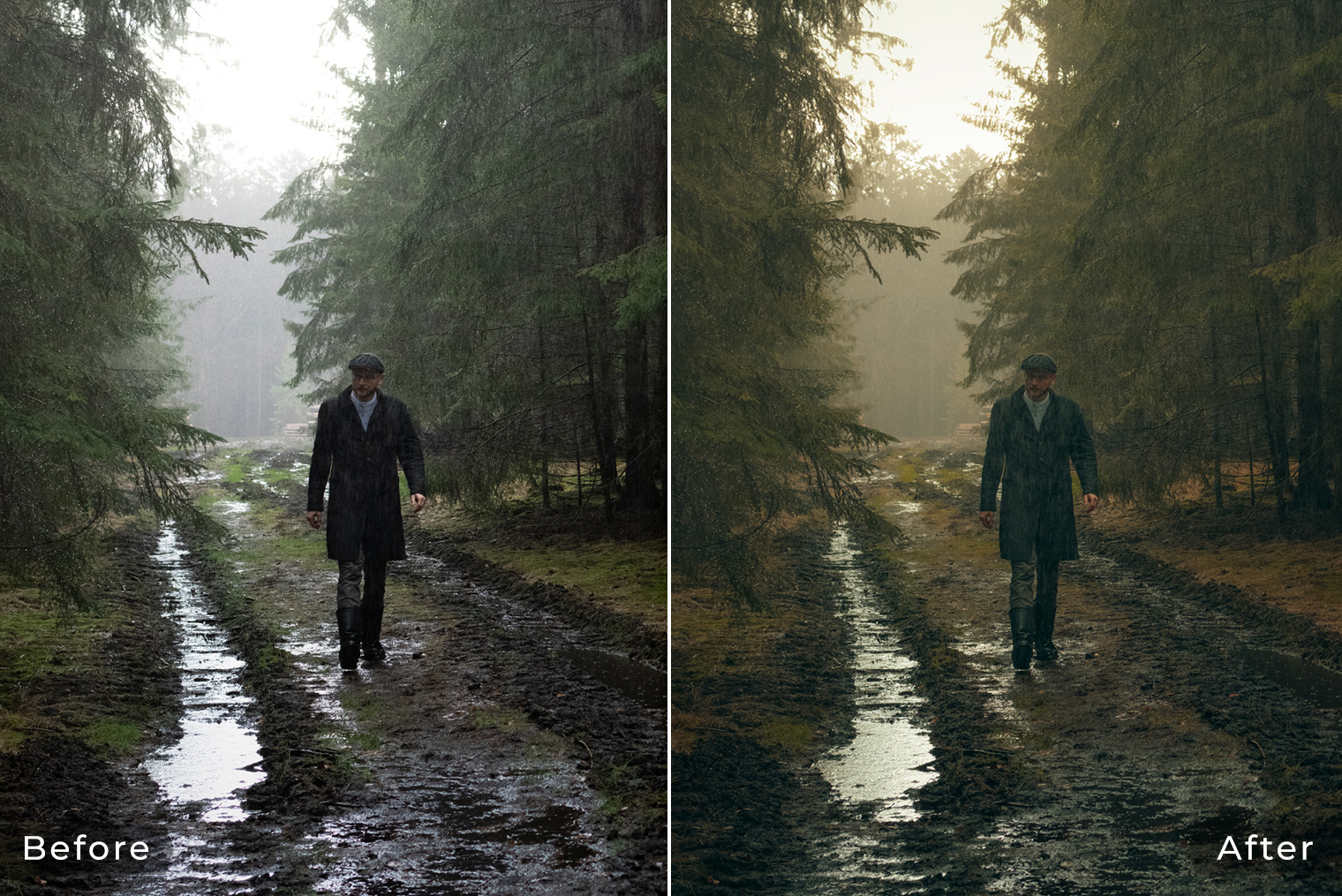 Before & After - Man walking through rainy in the forest