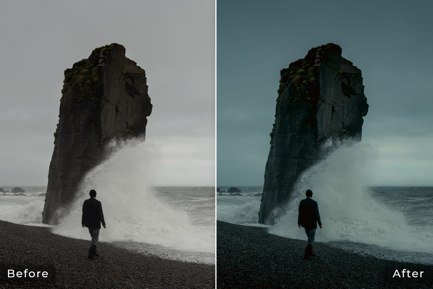 Before & After - Black sand beach with rocks and crashing waves