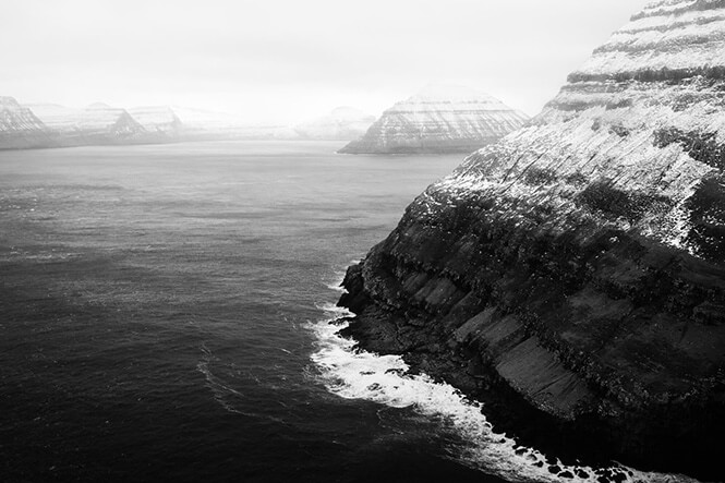 Black and white landscape of the Faroe Islands