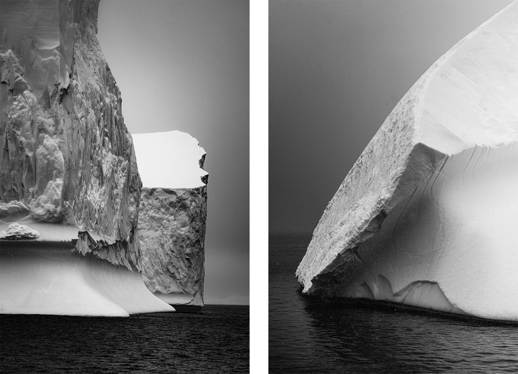 Icebergs in the Gerlache Strait of Antarctica in black and white