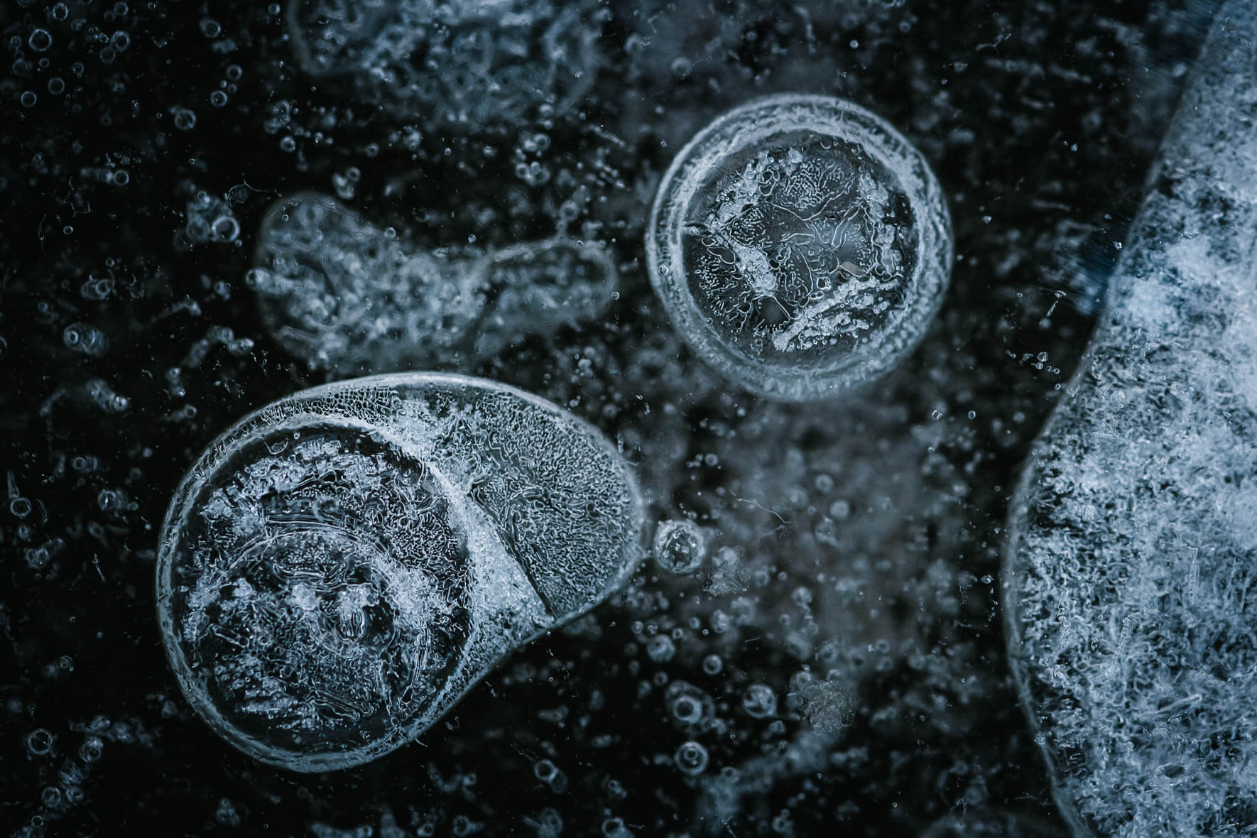 Abstract photograph of frozen air bubbles in puddle