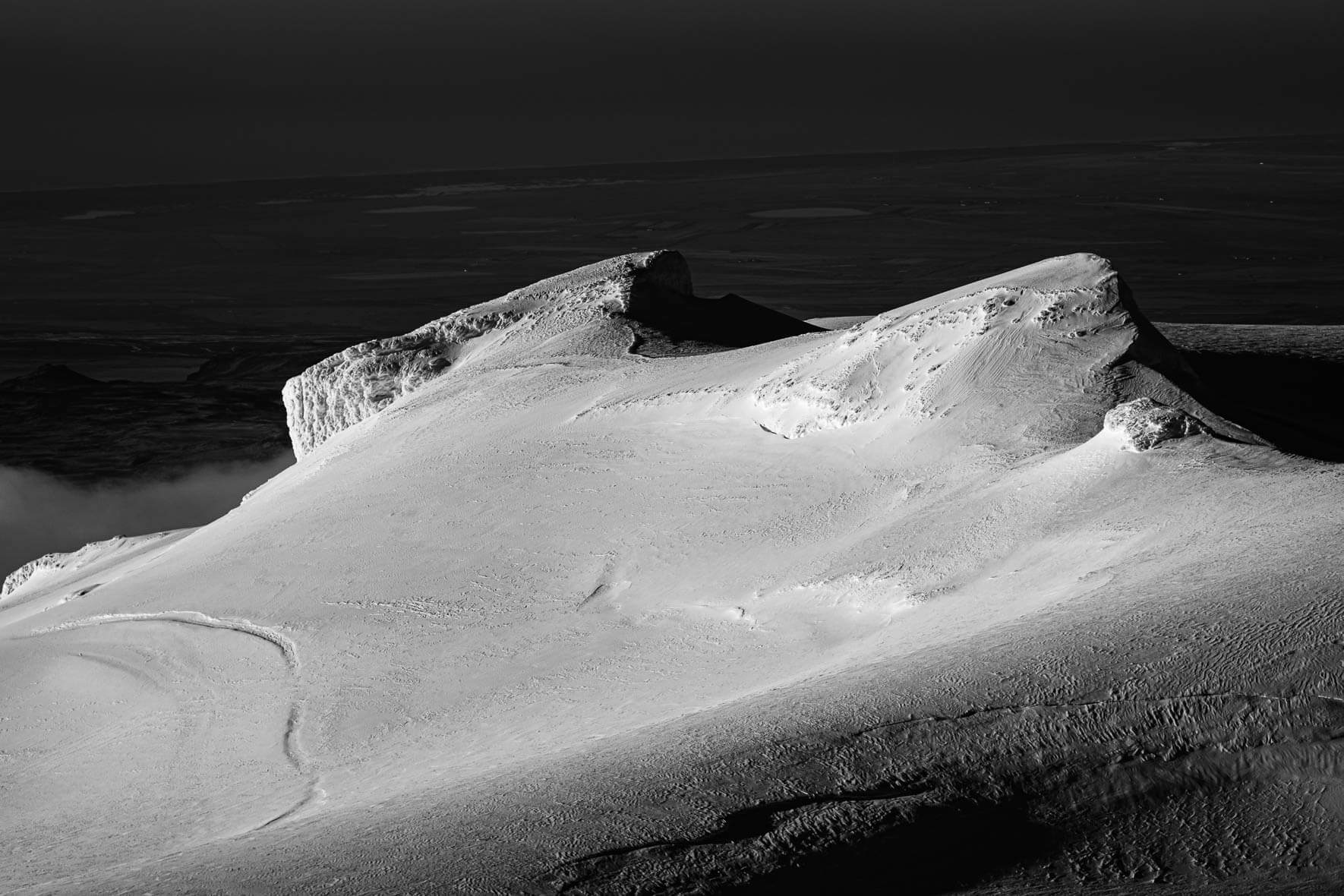 Black and white photography of Eyjafjallajökull glacier in Iceland