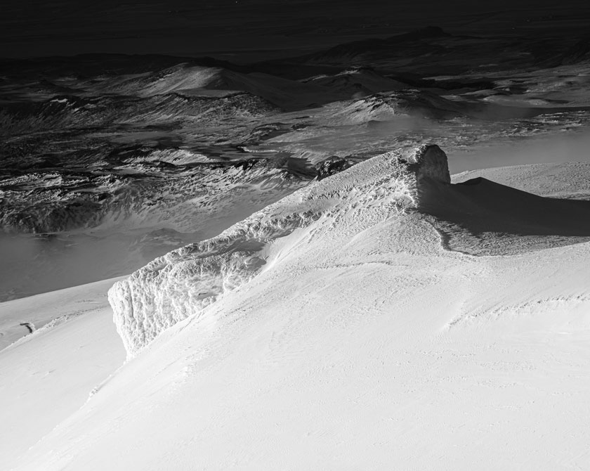 Black and white photograph of Eyjafjallajökull glacier in Iceland