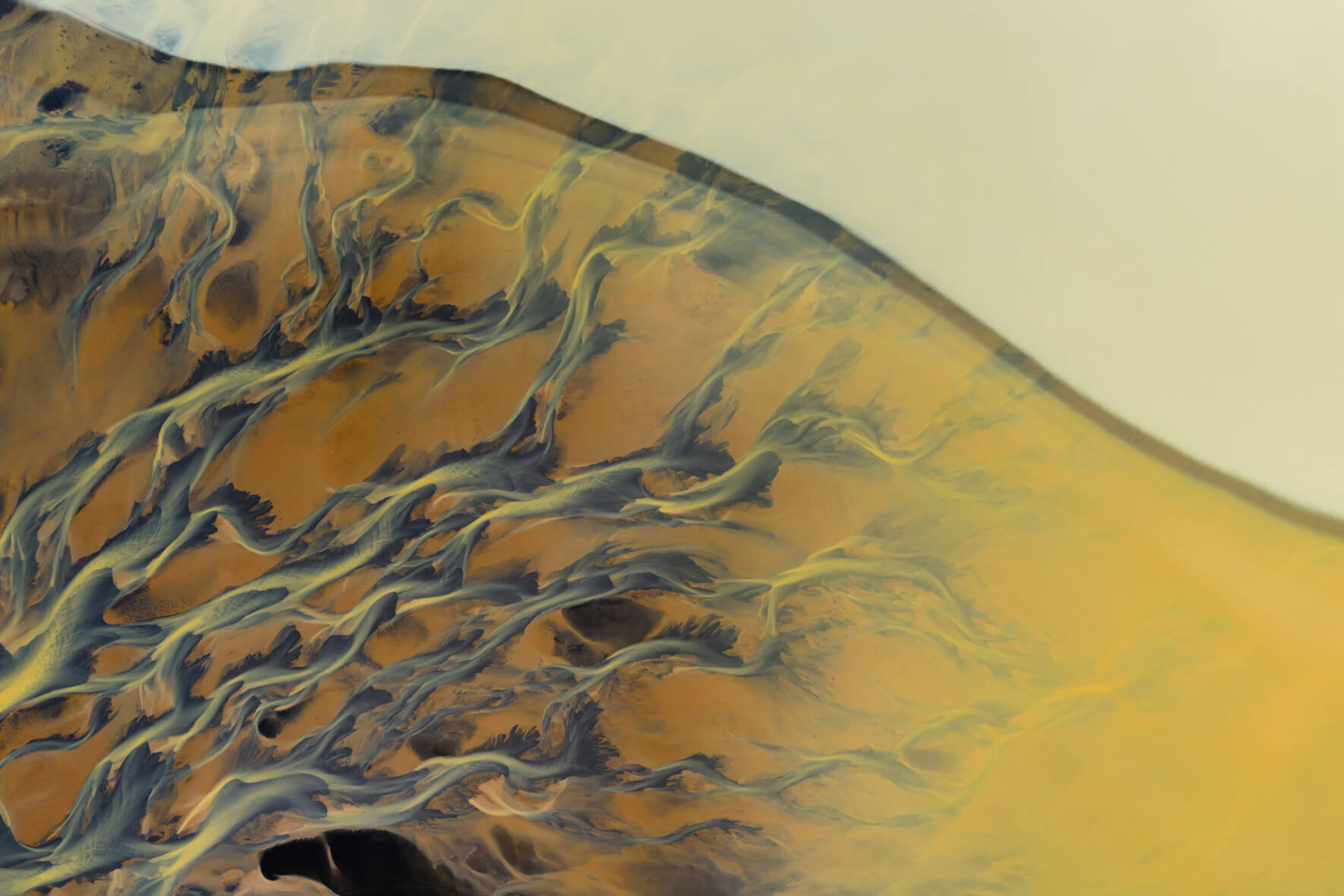 Aerial view of branching golden channels and fine sediment textures