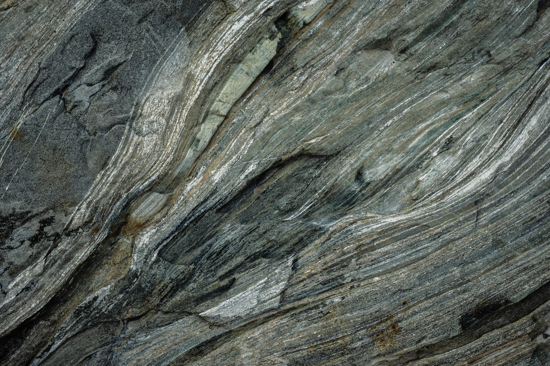 Geological close-up of folded rock structure with fine color transitions
