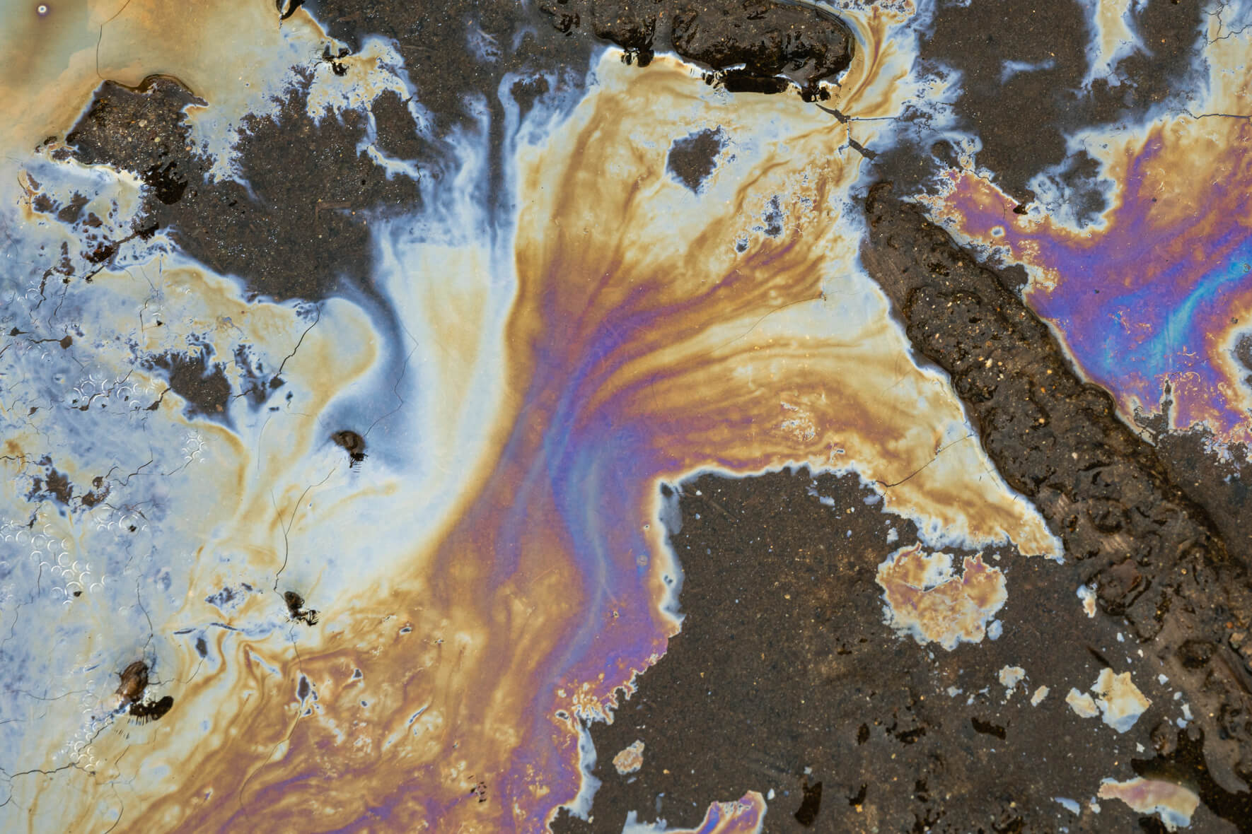 Aerial view of iron bacteria film with golden and violet tones forming organic patterns