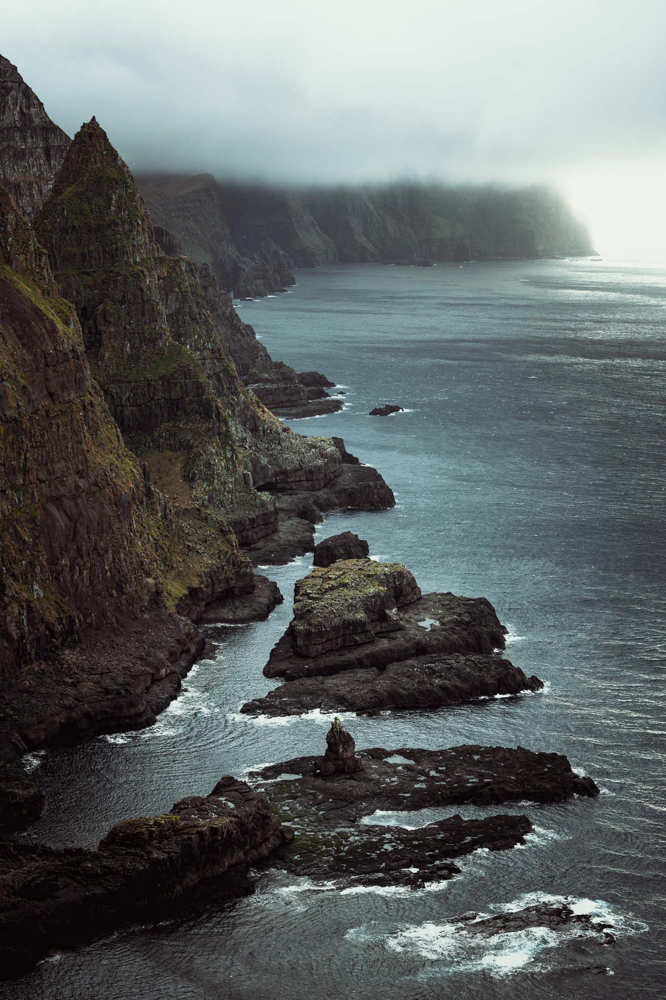 Cliffs and coastline of the Faroe Islands in autumn