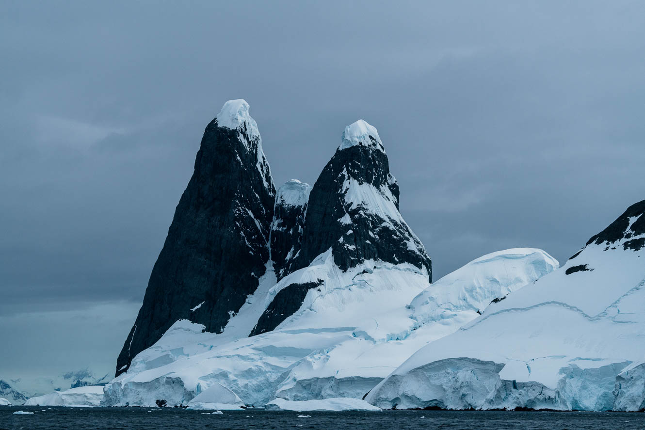 Surreal mountains covered in snow on the Antarctic Peninsula