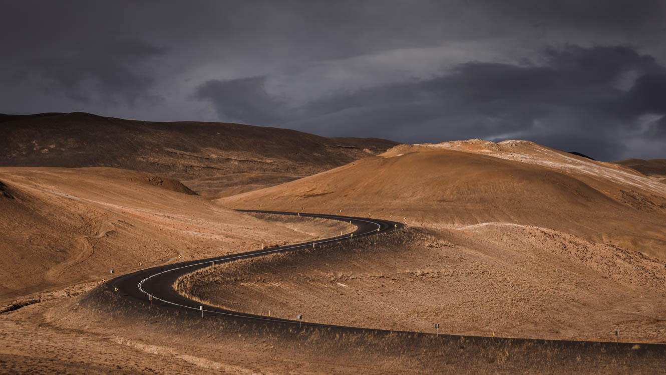 Road 1 Crossing Namaskard mountain in Myvatn area of Iceland