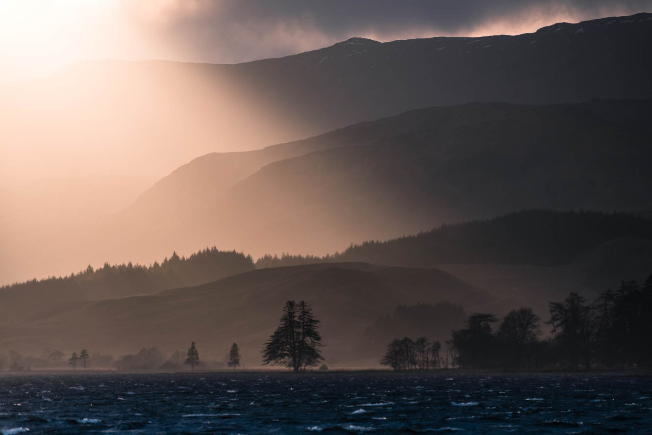 Bright evening light over Loch Tulla in Scotland