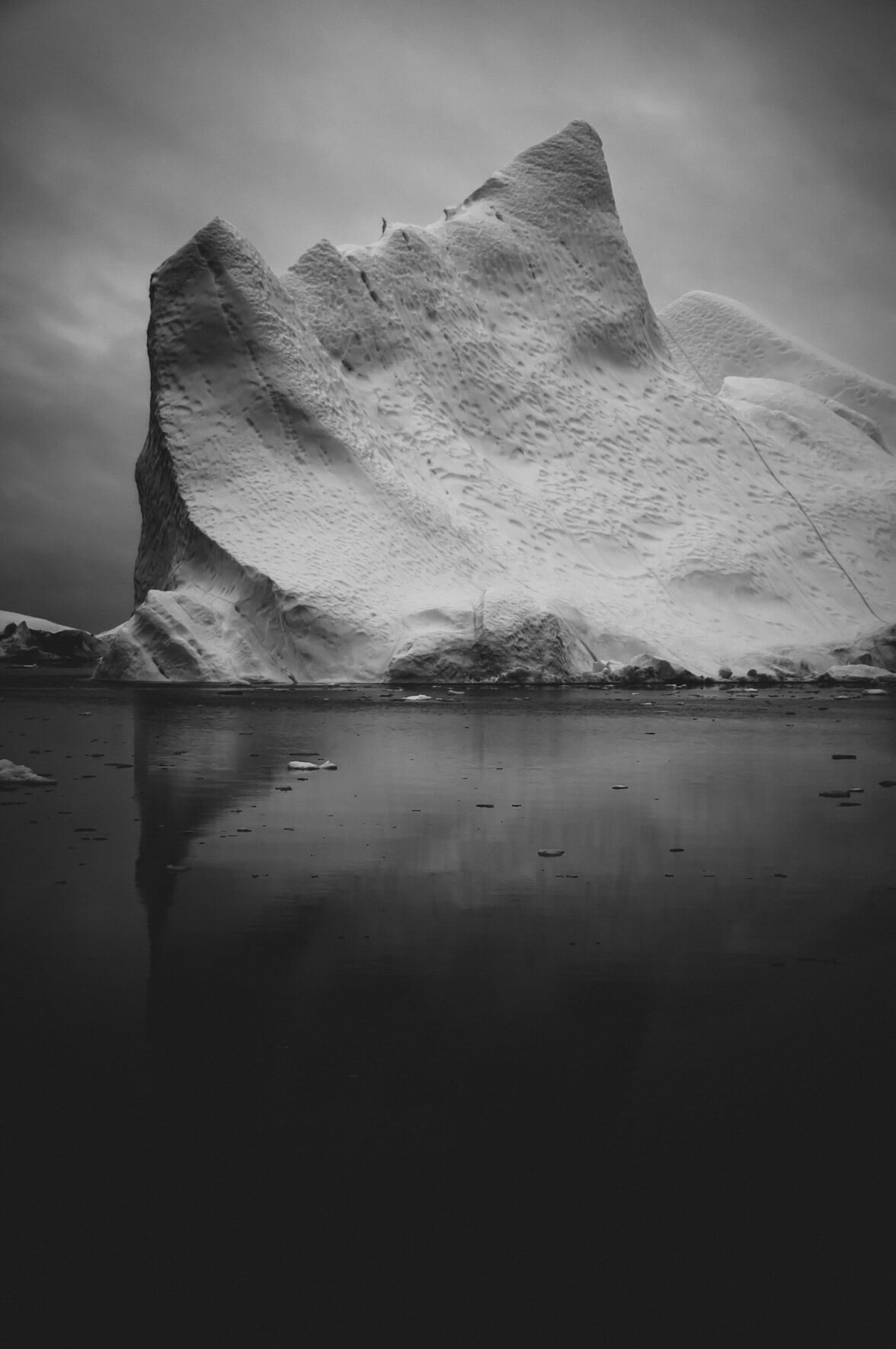 Iceberg in black and white floating in the Disko Bay of Greenland