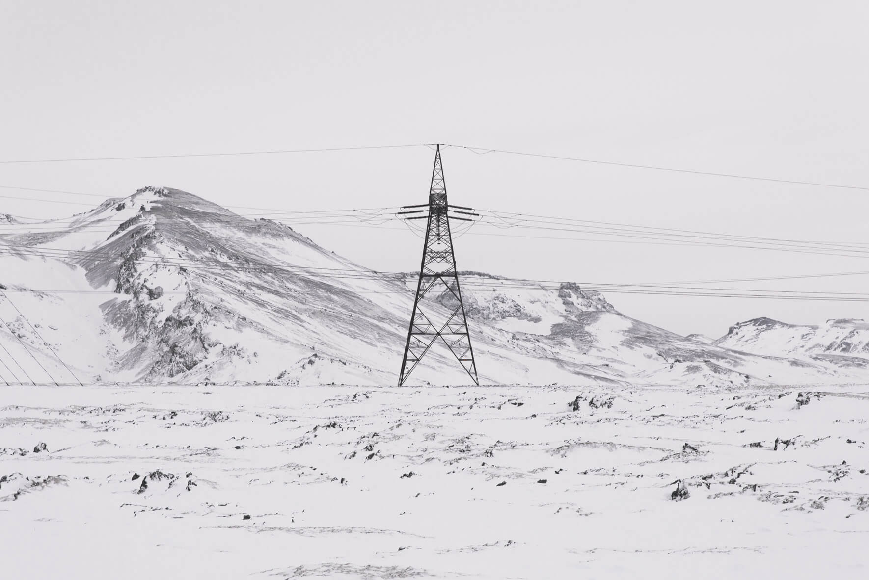 High voltage power line in winter landscape in Iceland