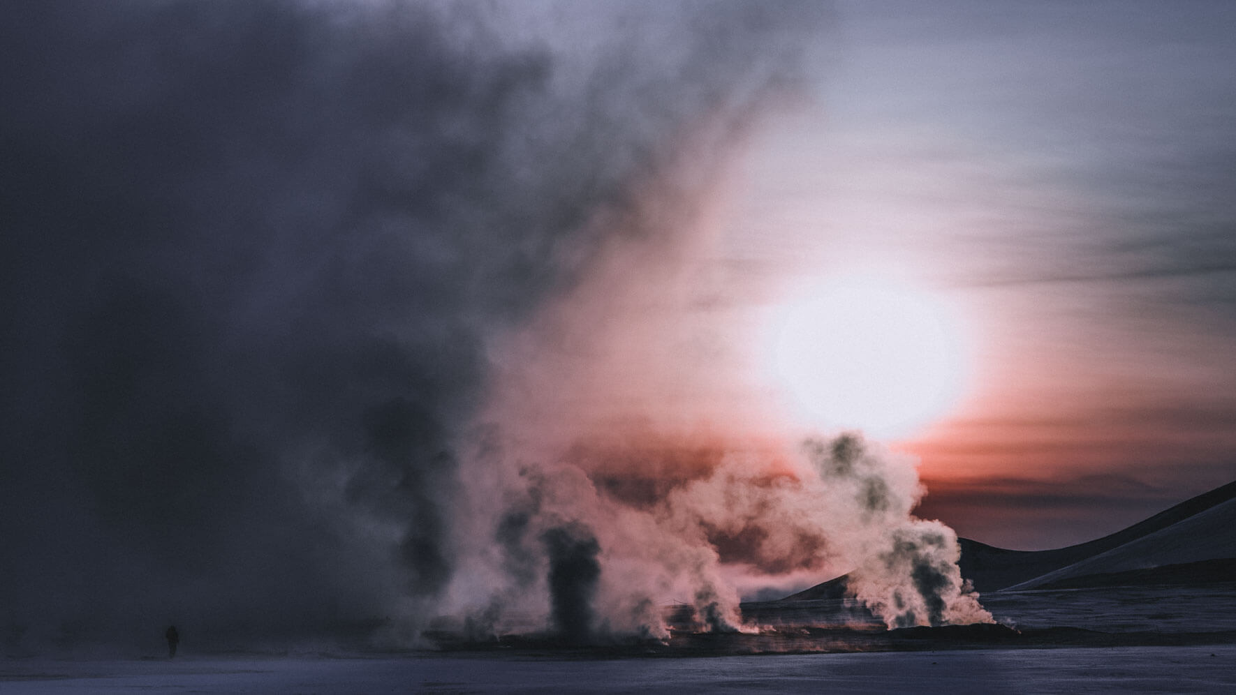 Sunset over the geothermal area Hverir in Iceland