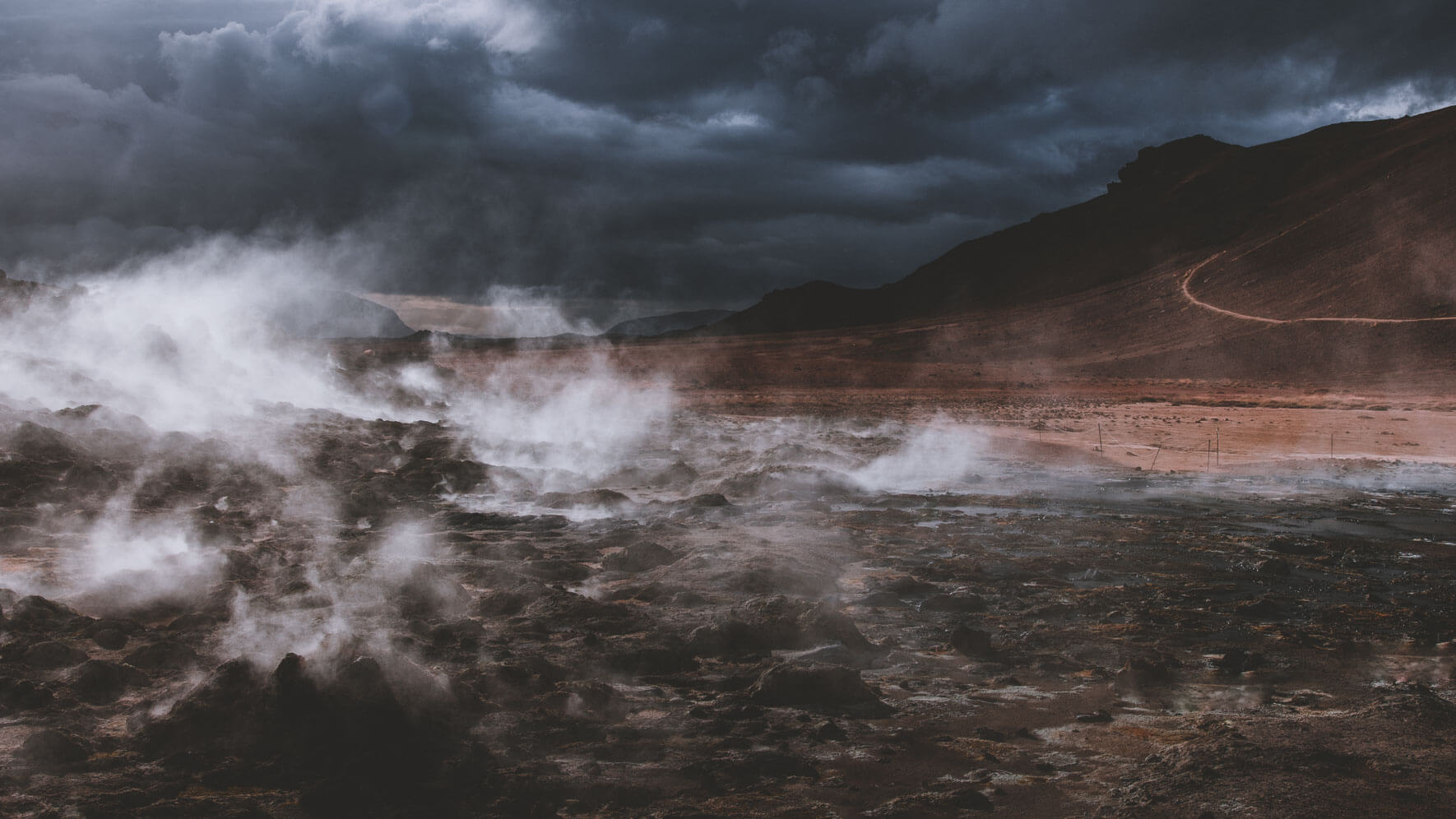 Geothermal area Hverir with boiling mud pots and steam