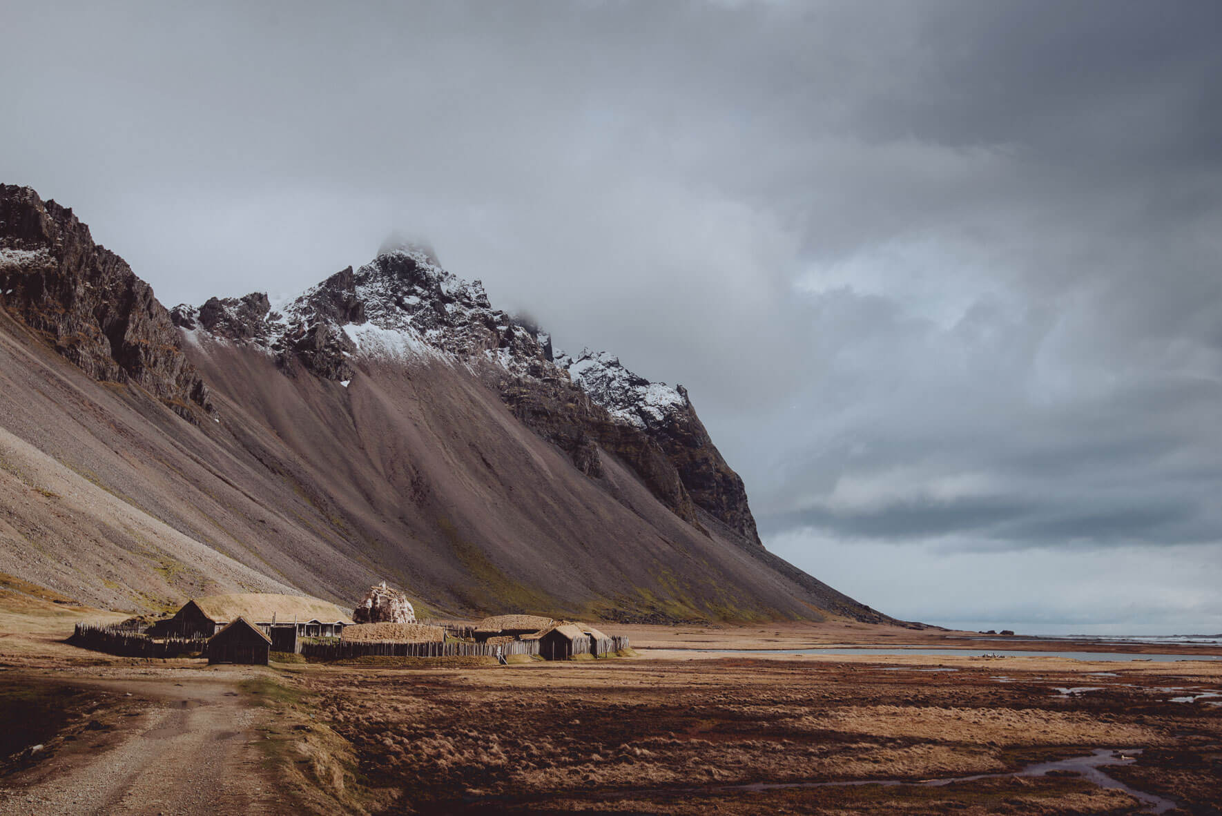 Viking village and Vestrahorn mountain near the small town Höfn in Iceland