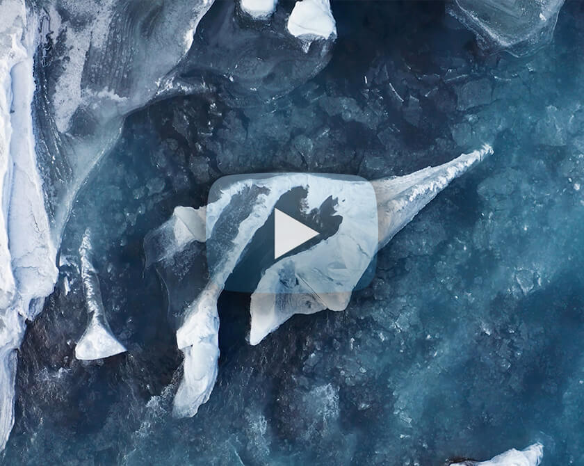 Aerial videos of glacier river Þjórsá in south Iceland in deep winter